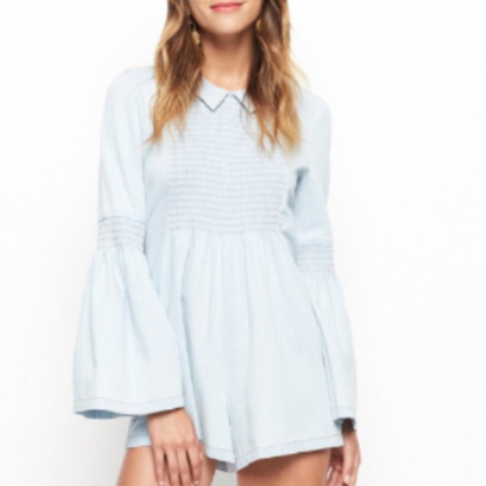 Alice McCall Night Is Young Denim Chambray Romper Shorts Smocked Bell Sleeve 2 S